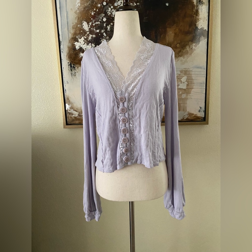 Free people Run with me Cardi button long sleeve top lavender size S M GC